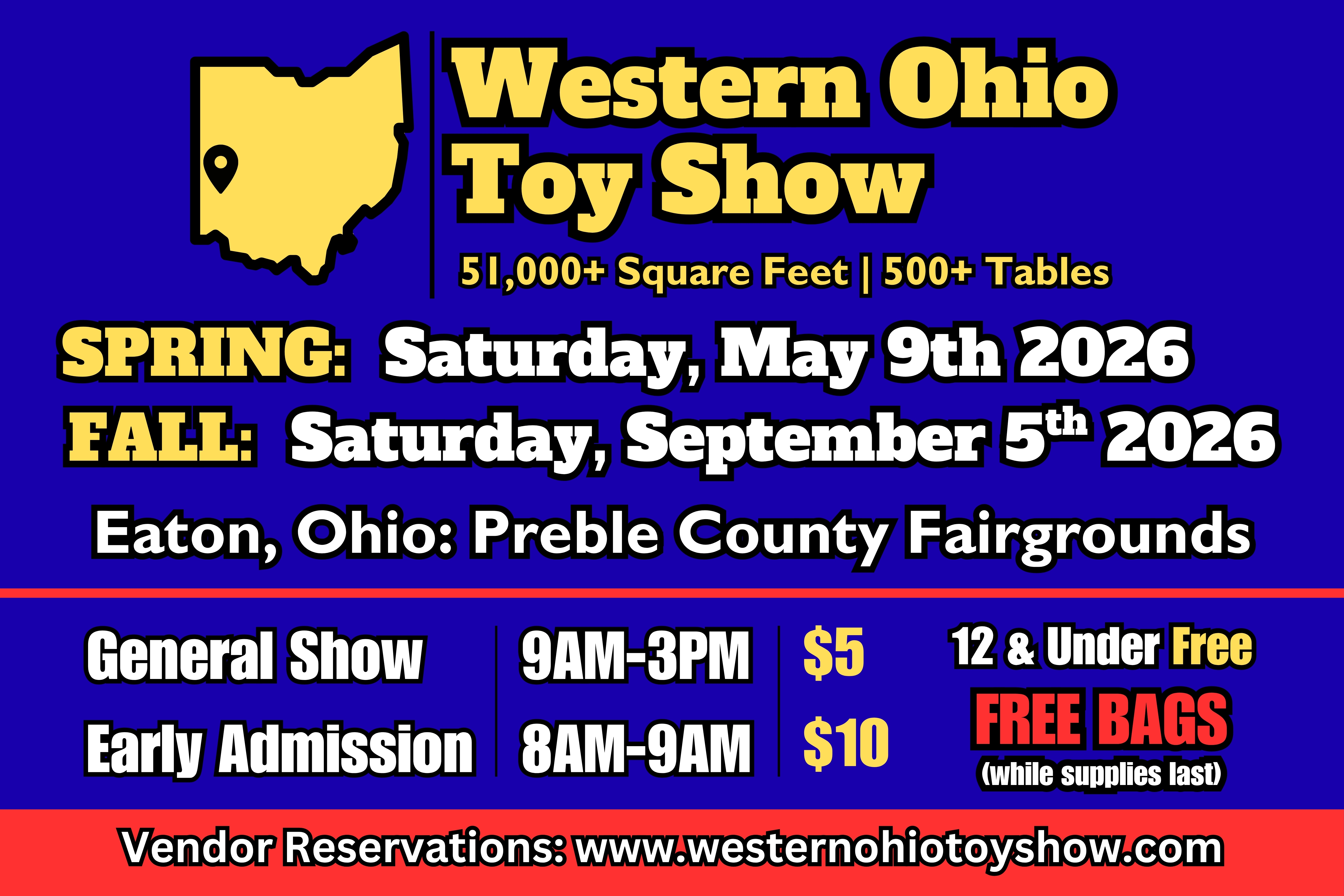 Western Ohio Toy Show Flyer. Saturday May 9th and September 5th, 2026 in Eaton, Ohio at the Preble County Fairgrounds Expo Center.